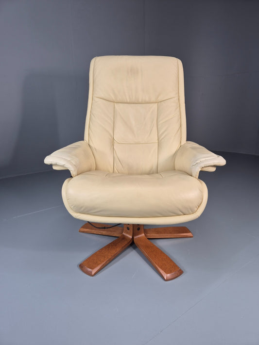 Vintage Swivel Recline Lounge Chair Danish Cream Leather 1990s EB11433 MSWI1