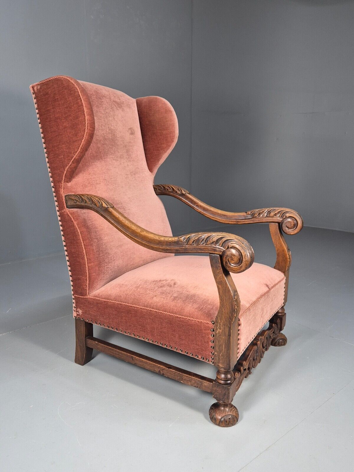 Vintage Danish Lounge Chair Pink Peach Velour Oak 17th Century Style EB8985 VCLO - UKDK FURNITURE