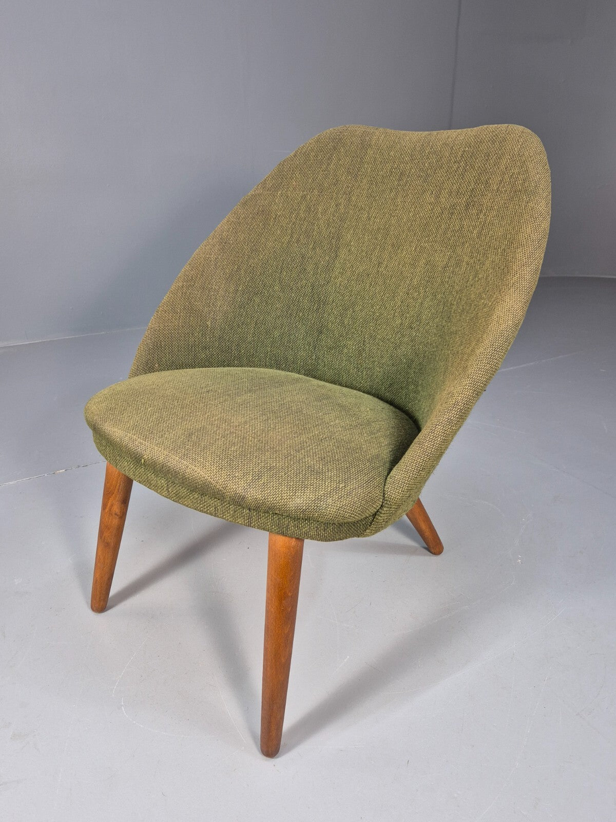 Vintage Danish Lounge Chair Curved Tub Form Green Wool Teak Legs MCM EB9264 MNOR - UKDK FURNITURE