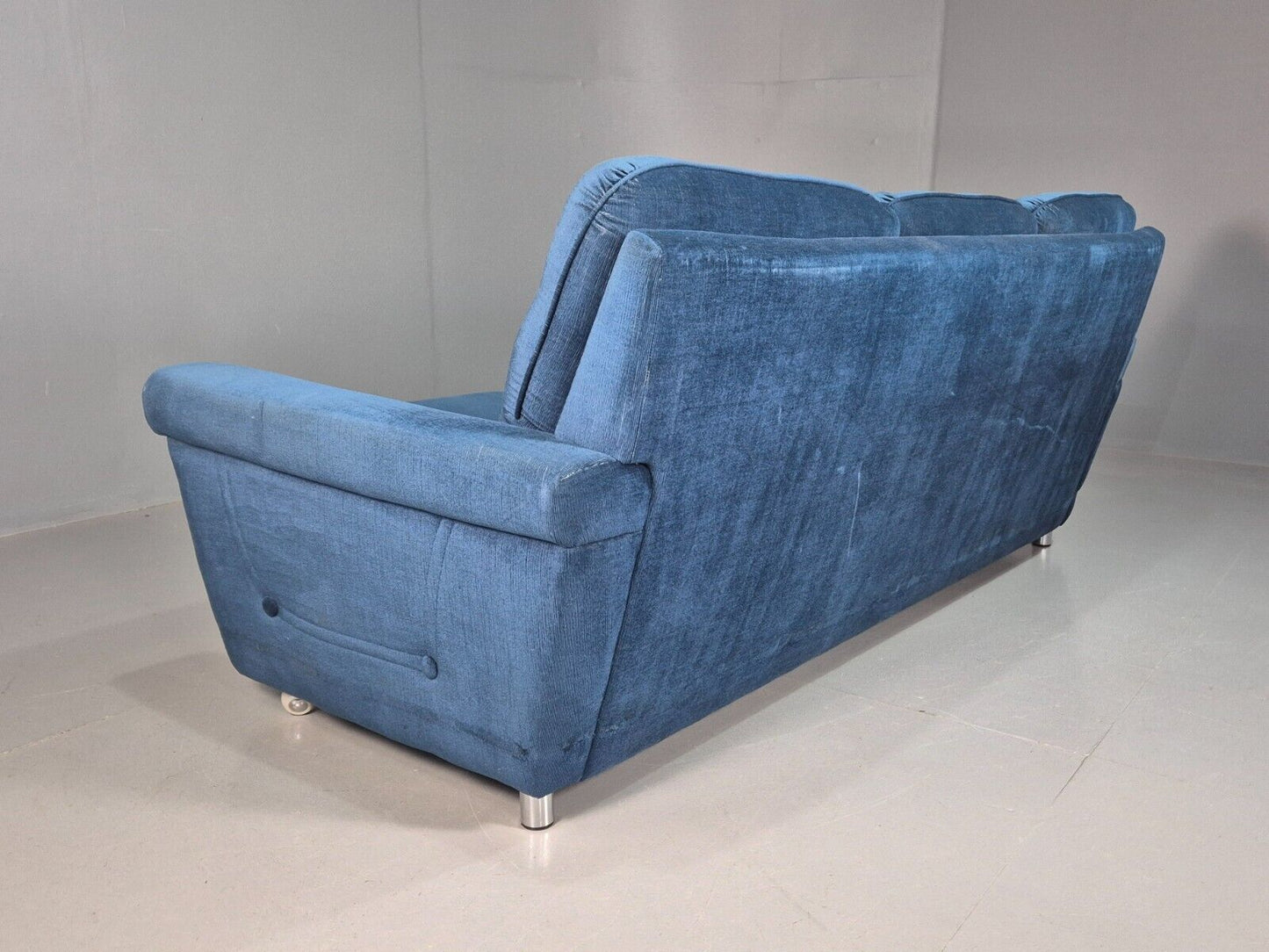 Vintage Danish Blue Velour 3 Seat Sofa Chrome Legs Button Details EB8016 M3SS - UKDK FURNITURE