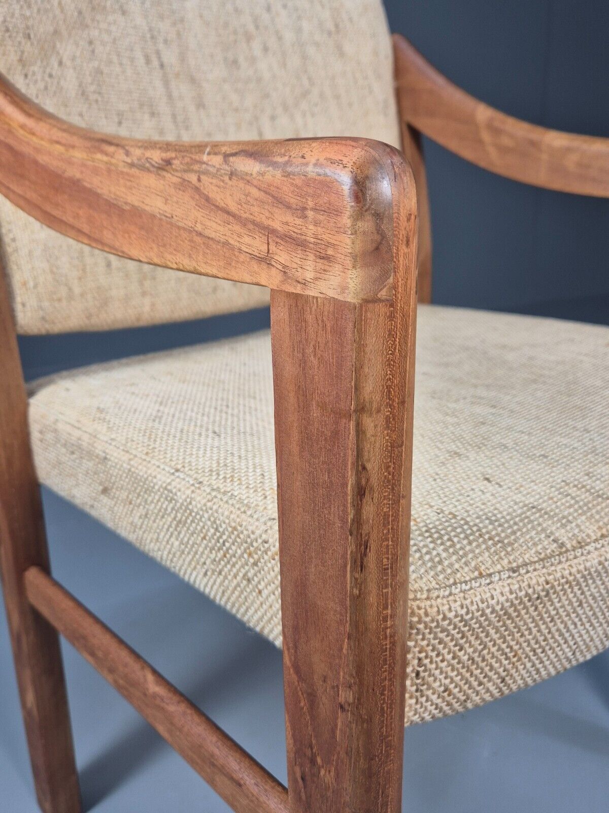 Vintage Danish Elbow Chair Beige Wool Teak Retro MCM 1970s EB9156 MDIN - UKDK FURNITURE