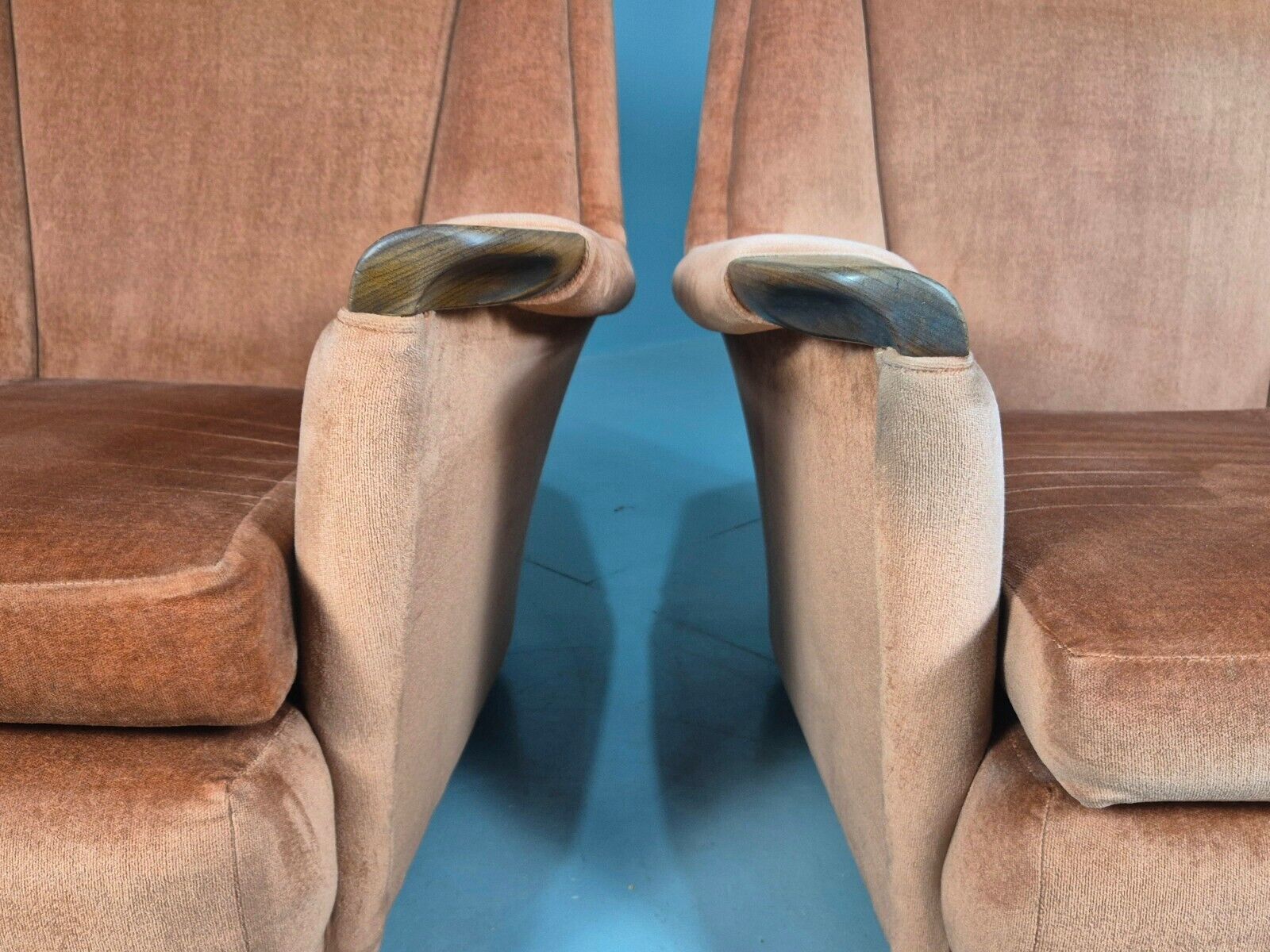 2 Vintage Lounge Chairs Pink Velour Teak Paws 1960s Retro EB8203 MNOR - UKDK FURNITURE