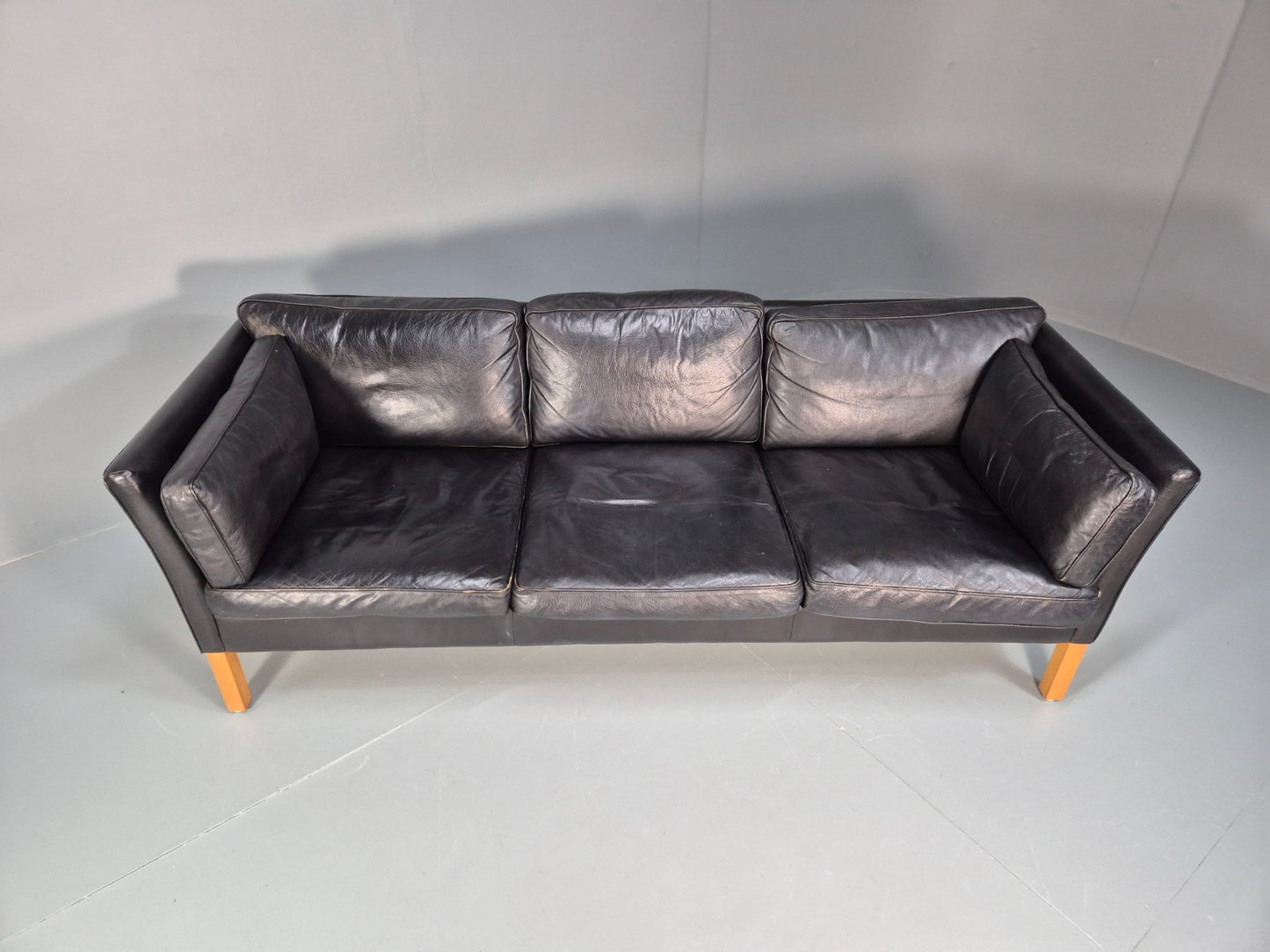 Mid Century Three Seater Sofa Vintage Danish Black Leather Retro EB10114 M3SS4
