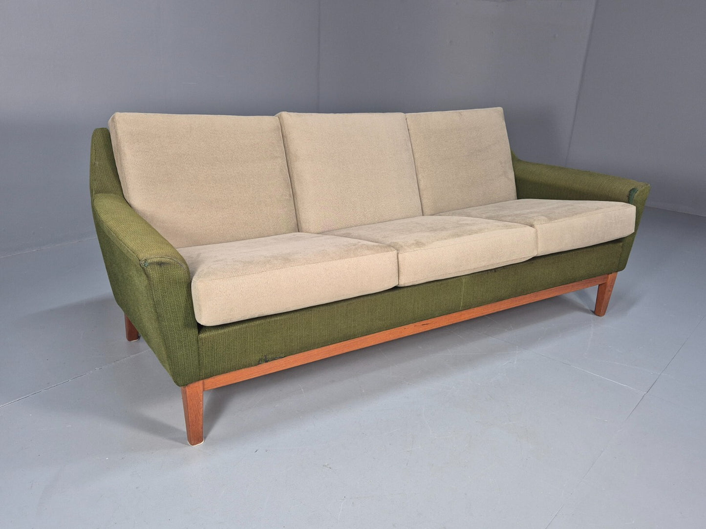 Mid Century 3 Seater Sofa Green Cream Fabric Teak Vintage Scandi EB9794 M3SS - UKDK FURNITURE