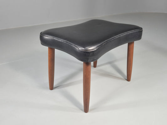 Vintage Mid Century Danish Footstool Black Vinyl Teak Legs 1960s Retro EB12025