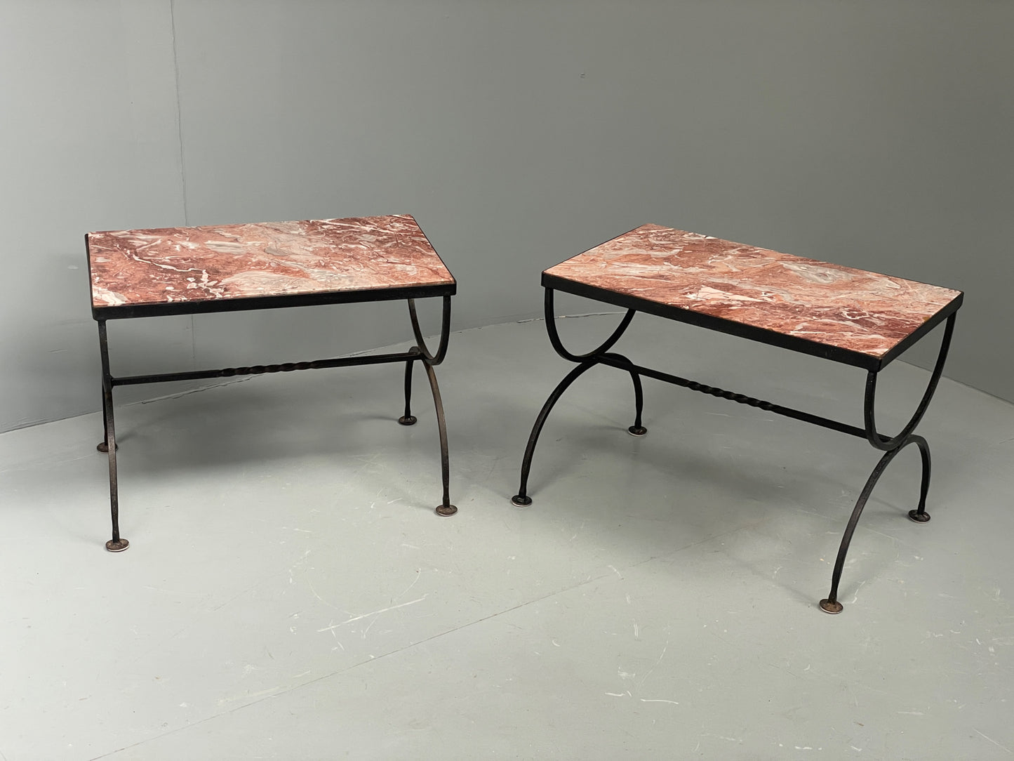 Vintage Wrought Iron Marble Side Tables Italian Breccia Pernice 1950s EB12301