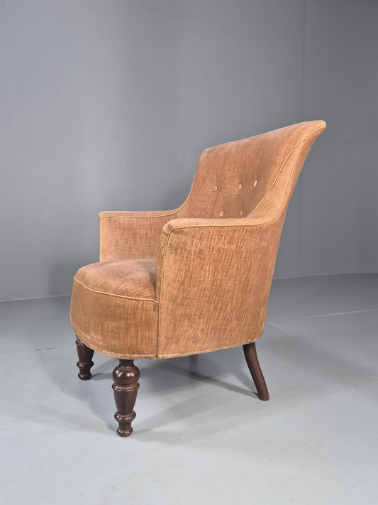 Antique Tub Chair Danish Peach Velour Upholstery 1900s EB11934