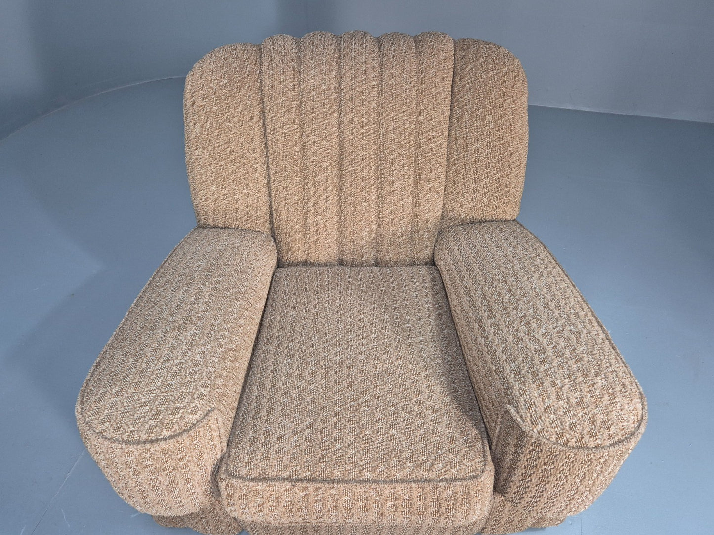 2 Vintage Art Deco Armchairs Beige Chenille Upholstery 1940s EB09684