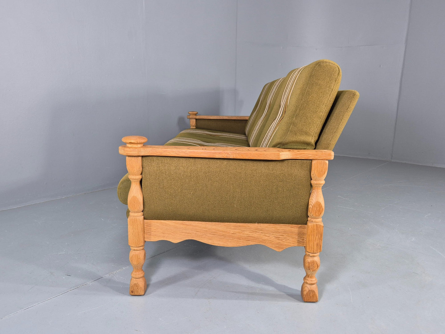 Vintage Danish 3 seater Sofa Oak Kjaenulf Green Cushions 1970s Retro EB12782