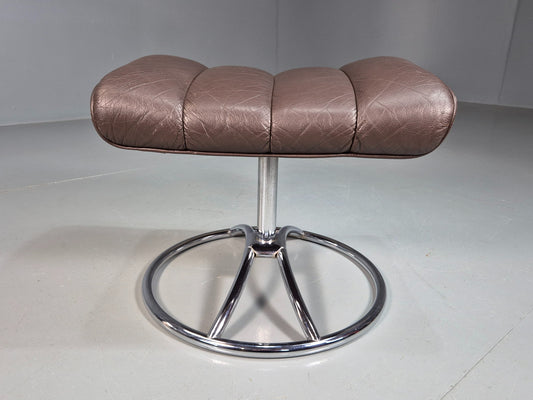 Vintage Mid Century Footstool Stressless 1970s Brown Leather Chrome EB07922