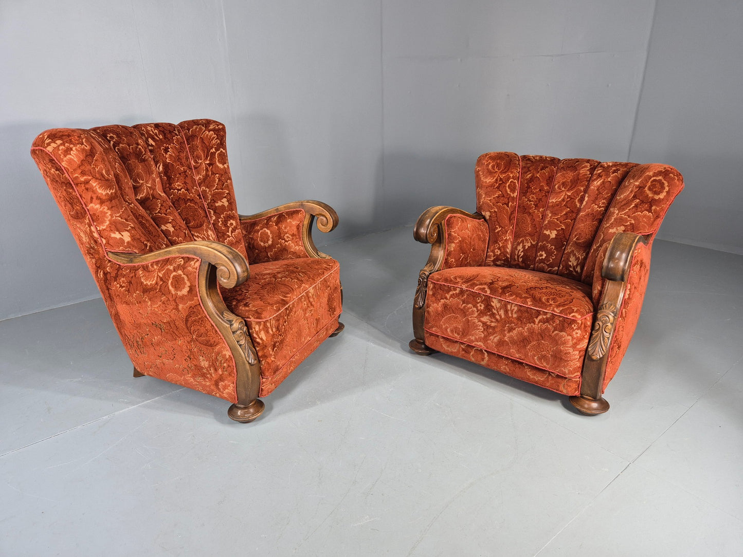 2 Vintage Danish 40s Lounge Chairs Carved Frame Cut Moquette Upholstery EB12906