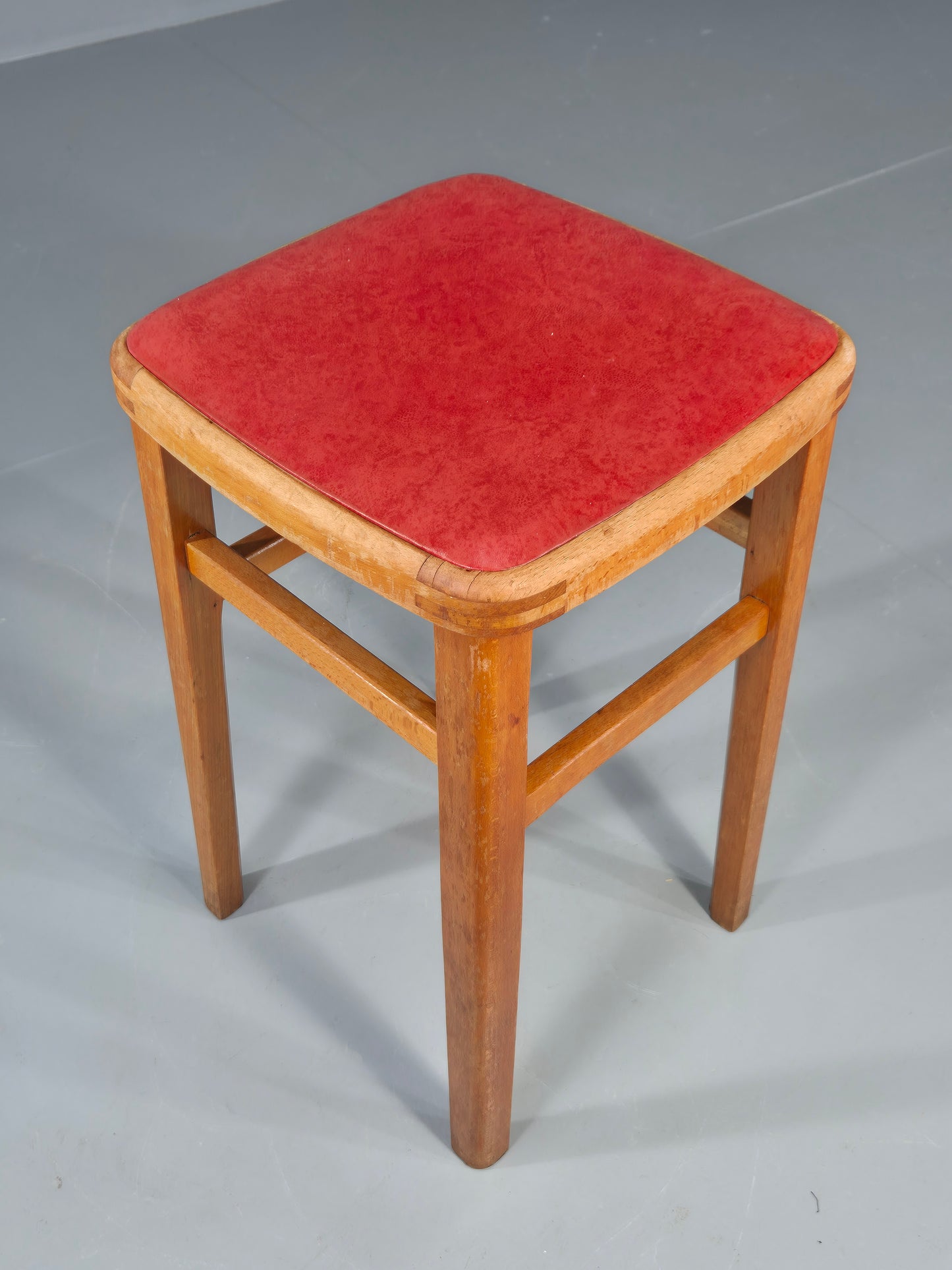 Vintage Kitchen Stool 1960s Retro Red Vinyl and Beech EB12531