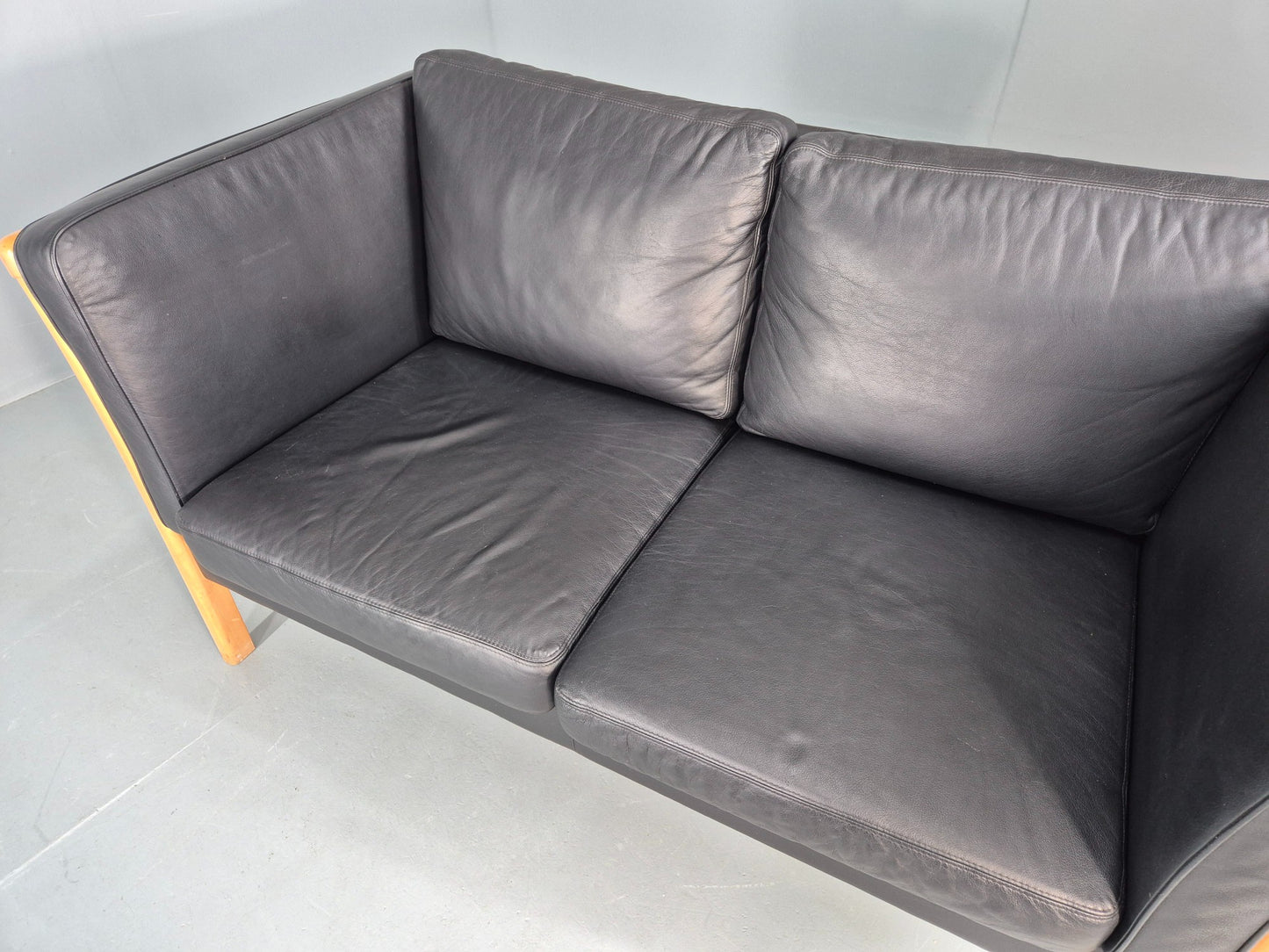 Vintage Stouby 2 Seater Sofa Beech Ends Black Leather 1990s Retro EB12421