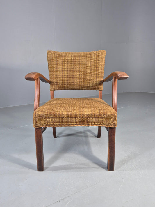 Vintage Elbow Chair 1950s Danish Oak Frame Green Wool Upholstery EB12004