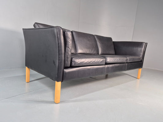 Vintage 3 seater sofa Danish Black Leather and Vinyl 1980s Retro EB11642
