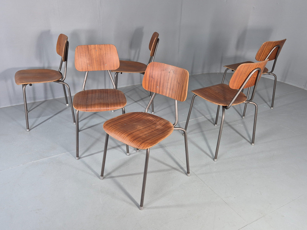 6 Vintage Danish Industrial Chairs Mid Century Teak and Steel Retro EB12656