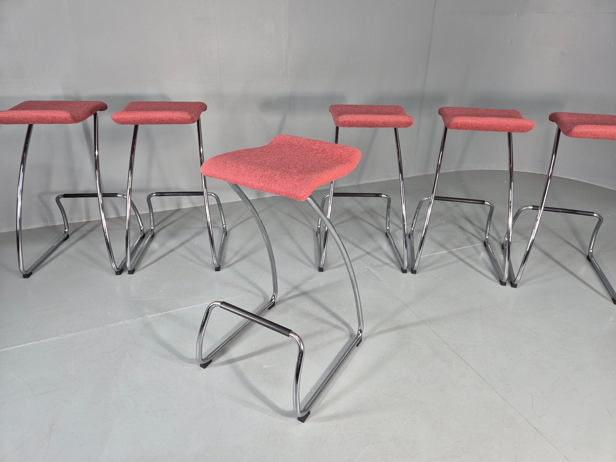 6 Orange Box Spring Bar Stools Modern Design Red Chenille Chrome Frame EB12990