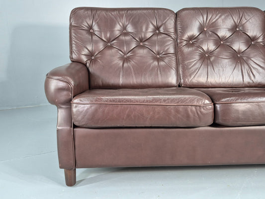 Vintage 3 Seater Leather Sofa Danish 1970s Brown Leather Retro MCM EB12411