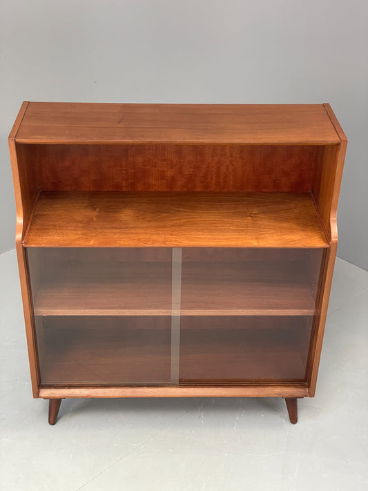 Vintage Bookcase Walnut 1960s Retro Midcentury Glass Doors Shelving EB12607