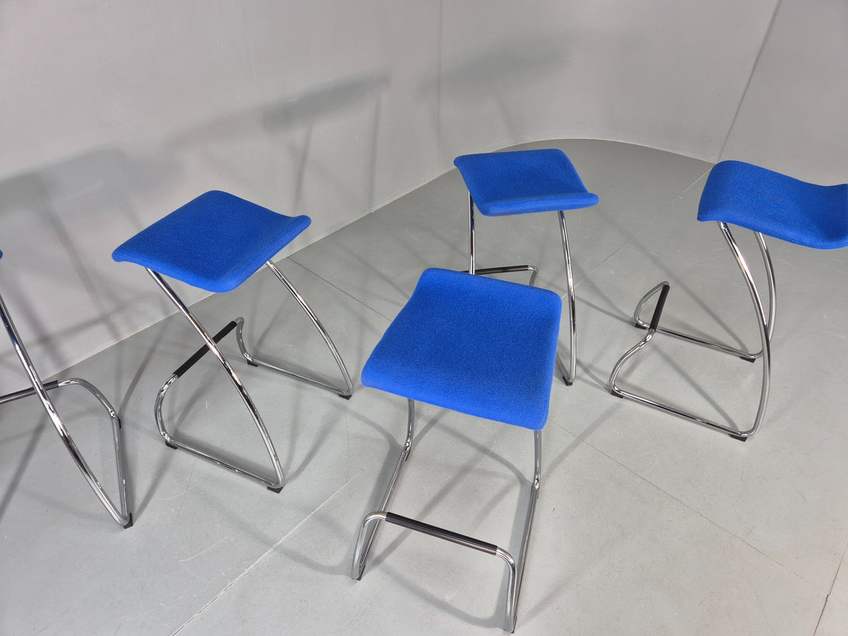 5 Orange Box Spring Bar Stools Modern Design Blue Chenille Chrome Frame EB12991