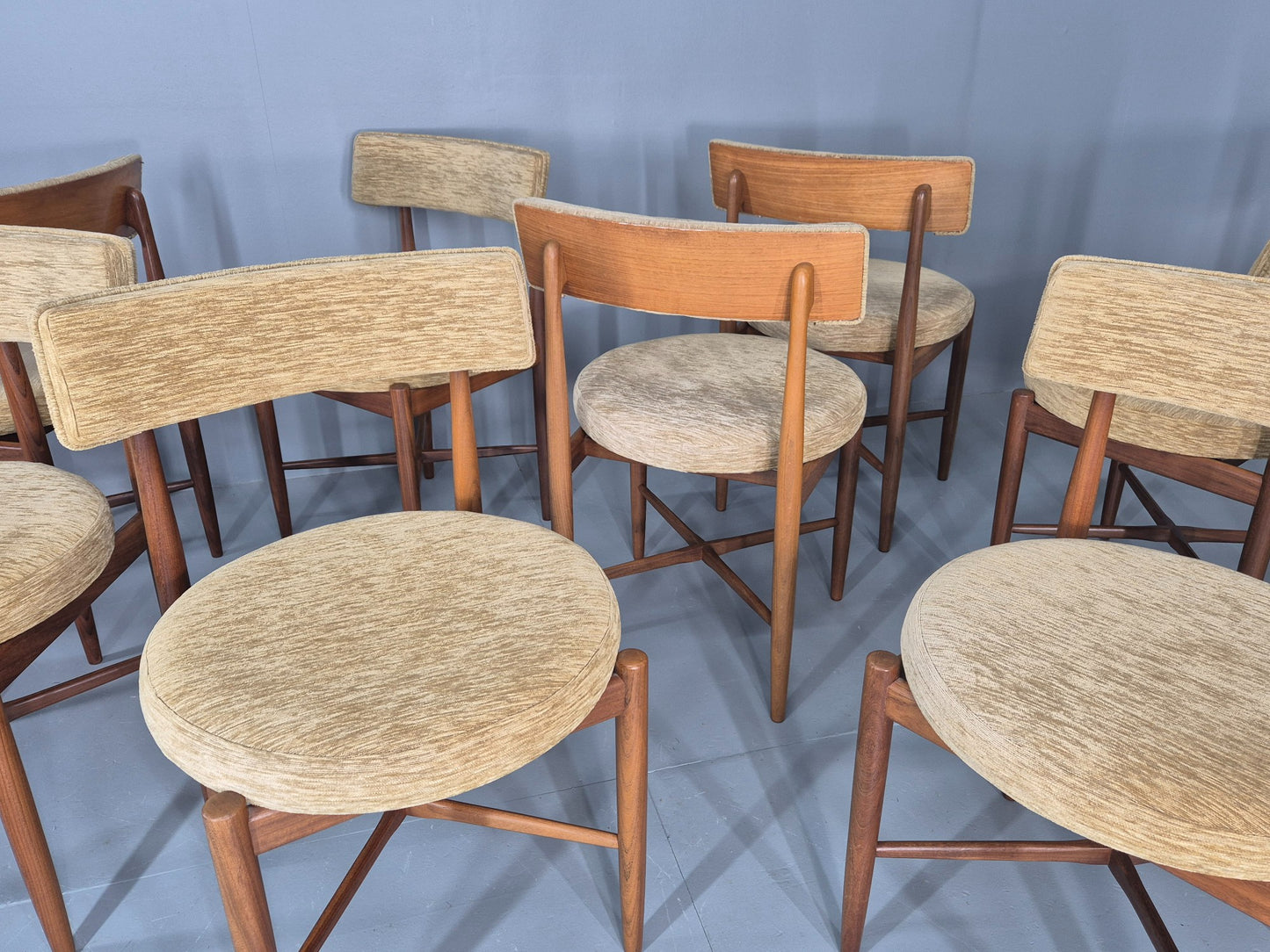 10 Vintage G Plan Dining Chairs Circle Seat Model Teak Frames Chenille EB12027