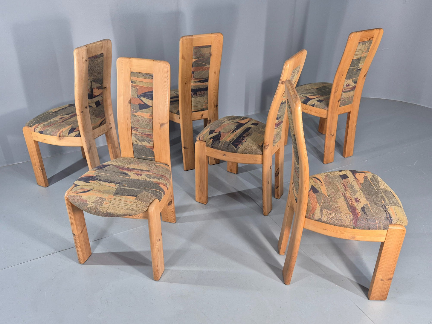 6 Brutalist Pine Dining Chairs 1980s Upholstery Danish Design Retro EB12146