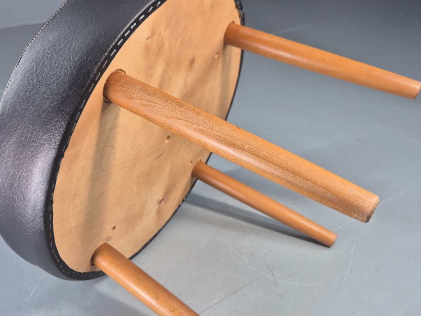 Vintage Danish Mid Century Footstool Black Vinyl Round Beech Legs Retro EB12092