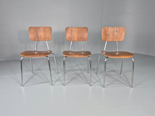 3 Vintage Danish Stacking Industrial Chairs Teak and Steel Retro 1960s EB12404