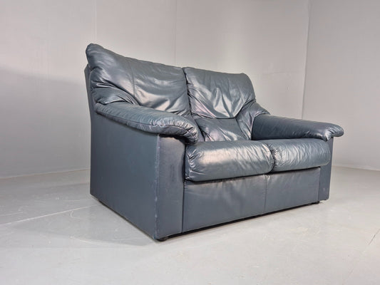 Vintage 2 Seater Leather Settee 1980s Style Dark Green Retro EB12784