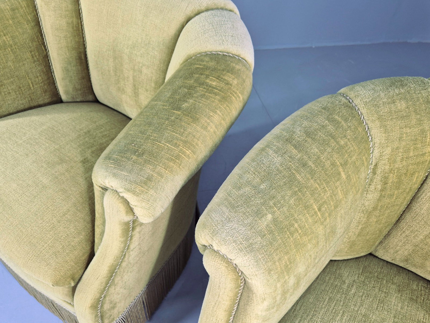 Pair Art Deco Tub Chairs Danish Design 1950s Green Velour Tassels Retro EB12715