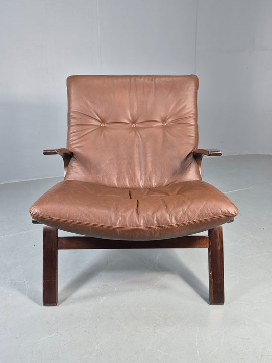 Vintage Farstrup Armchair Bentwood Frame Brown Leather Retro 1970s Eb12147