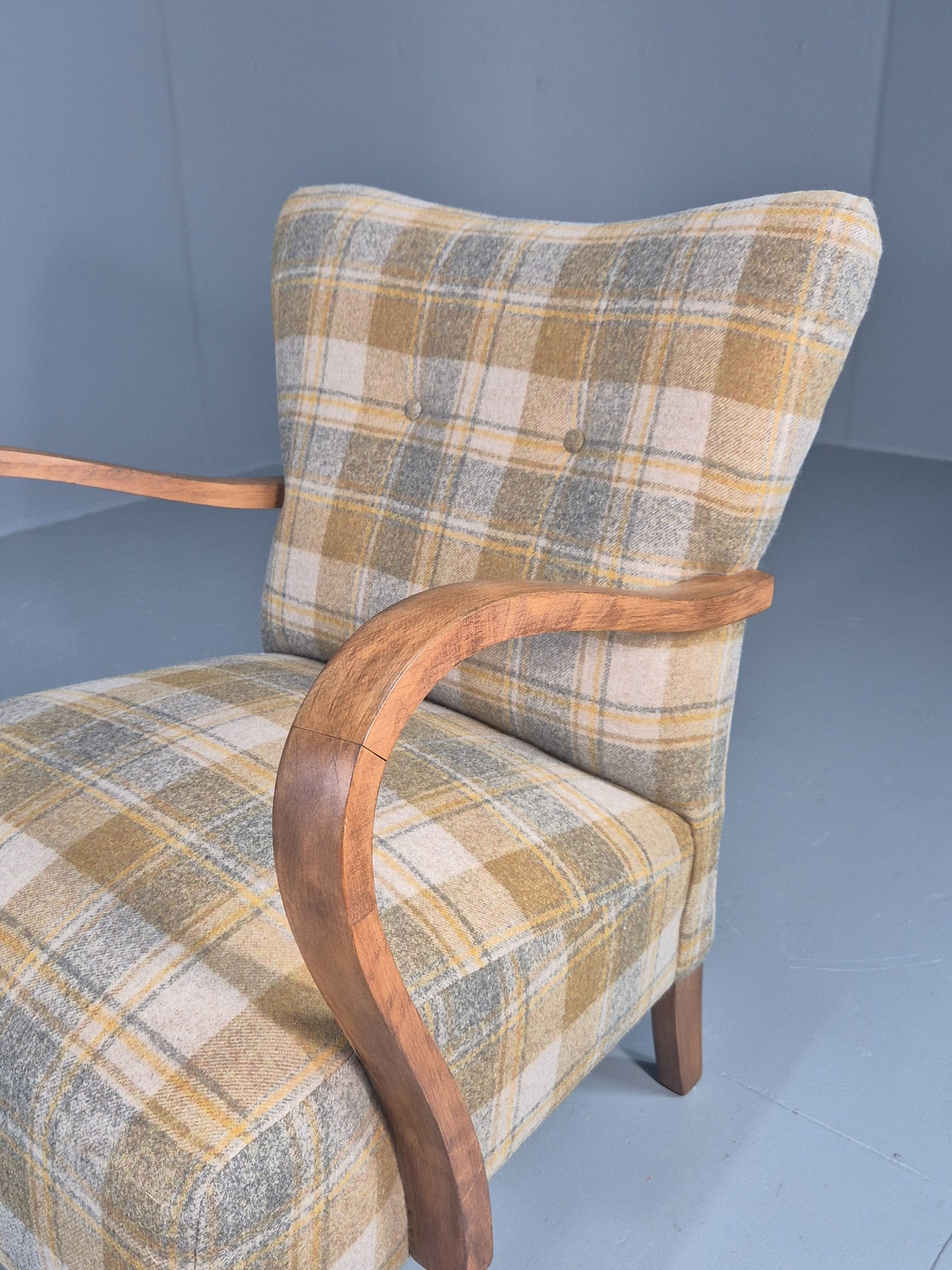 Vintage Danish Art Deco Open Armchair New Upholstery Snowshill Tartan EB12310