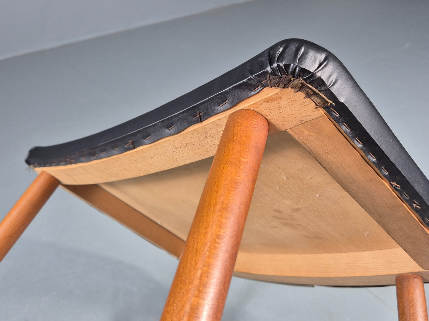 Vintage Danish Mid Century Footstool Black Vinyl Beech Legs 1960s Retro EB12157