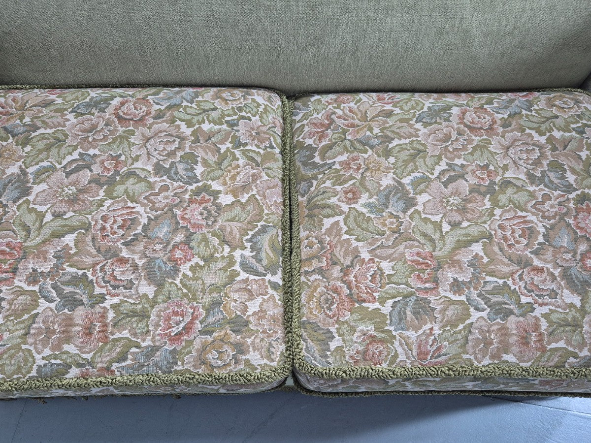 Vintage Danish Knole Sofa 2 Seater Green Velour Floral Cream Cushions EB12770