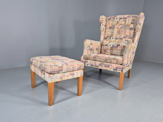 Vintage Danish Wing back Armchair and Stool 1980s Retro MCM EB12139
