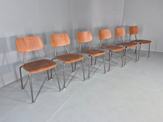 6 Vintage Danish Industrial Chairs Mid Century Teak and Steel Retro EB12656