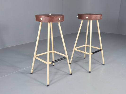 2 Vintage Bar Stools Cream metal frames with Vinyl Seats 1950s Retro EB12529