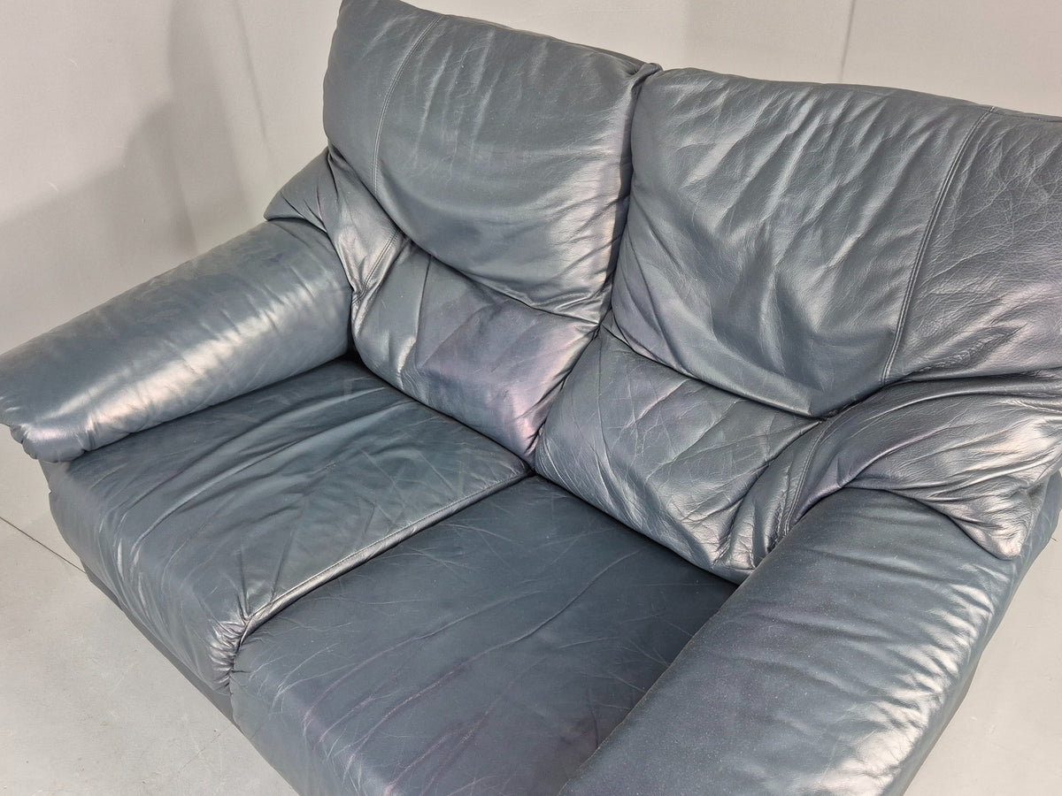 Vintage 2 Seater Leather Settee 1980s Style Dark Green Retro EB12784