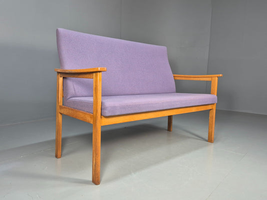 Vintage Danish 2 Seater Bench Sofa Oak Frame Purple Upholstery 1970s MCM EB08693