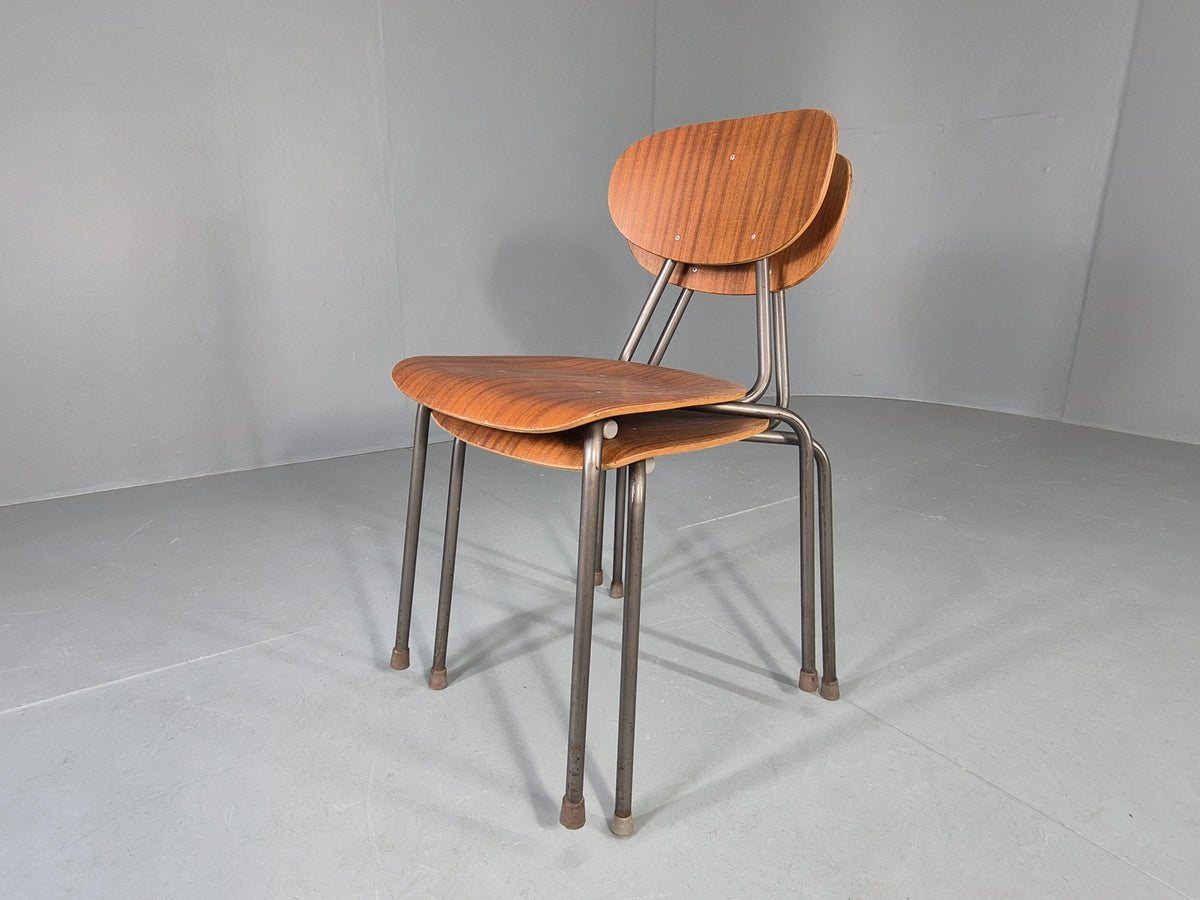 2 Vintage Danish Industrial Chairs Mid Century Teak and Steel Retro EB12654