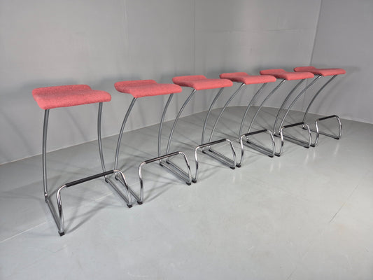 6 Orange Box Spring Bar Stools Modern Design Red Chenille Chrome Frame EB12990