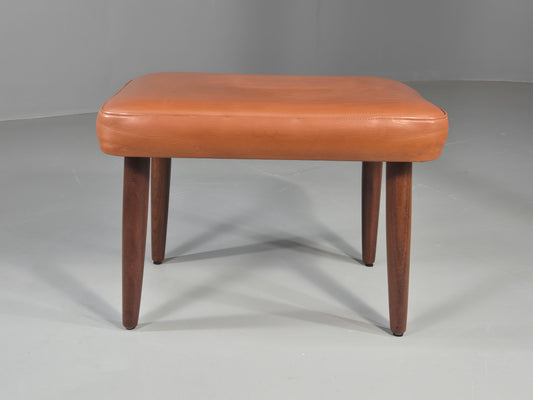 Vintage Danish Mid Century Footstool Teak Legs Brown Vinyl 1960s Retro EB12023