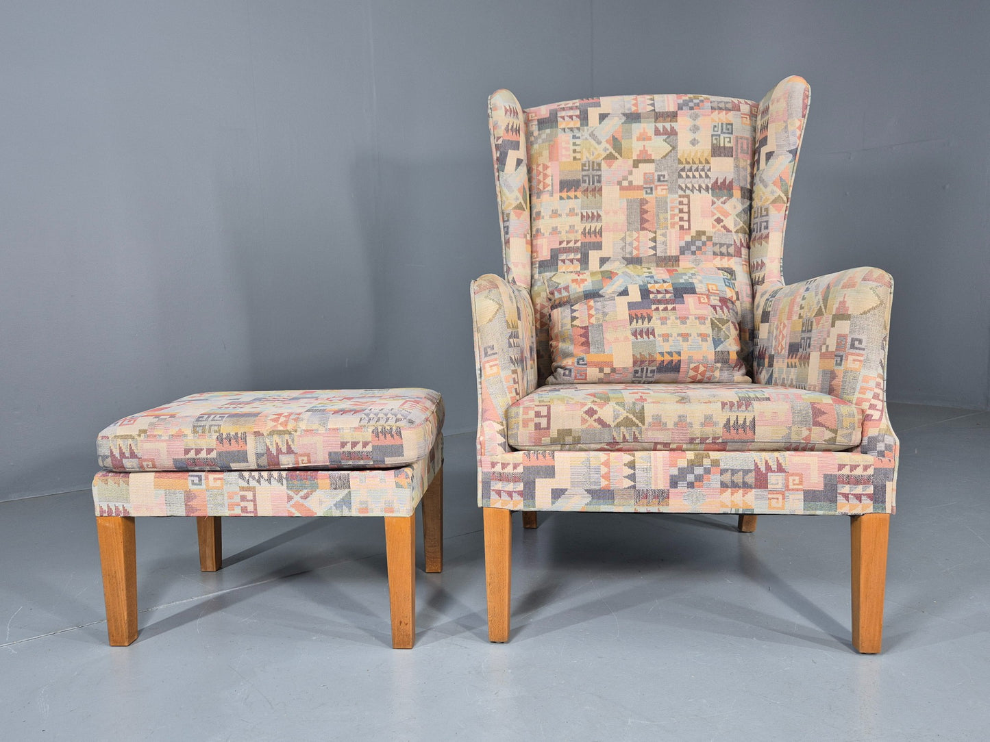 Vintage Danish Wing back Armchair and Stool 1980s Retro MCM EB12139