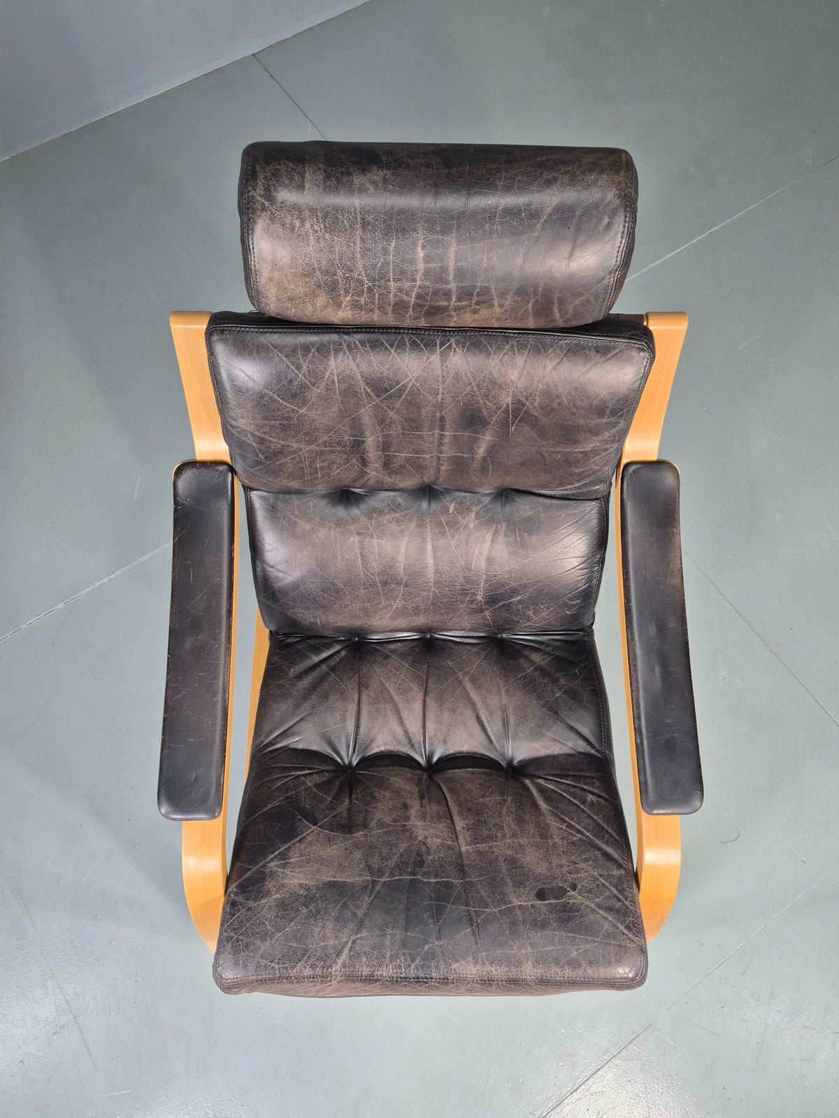 Vintage 1970s Danish Lounge Chair Black Leather and Bentwood MCM Retro EB13082