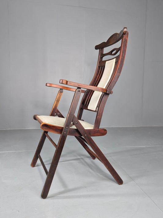 Early 20th Century Folding Campaign Chair Oak Frame Green Velour 1900s EB12796