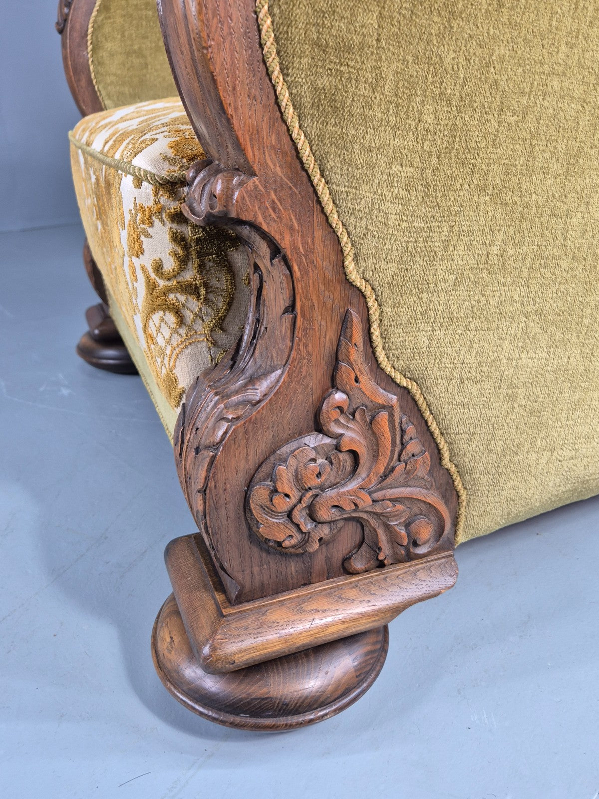 Vintage Danish Art Deco Lounge Chair Carved Oak Frame 1940s Green Floral EB12839