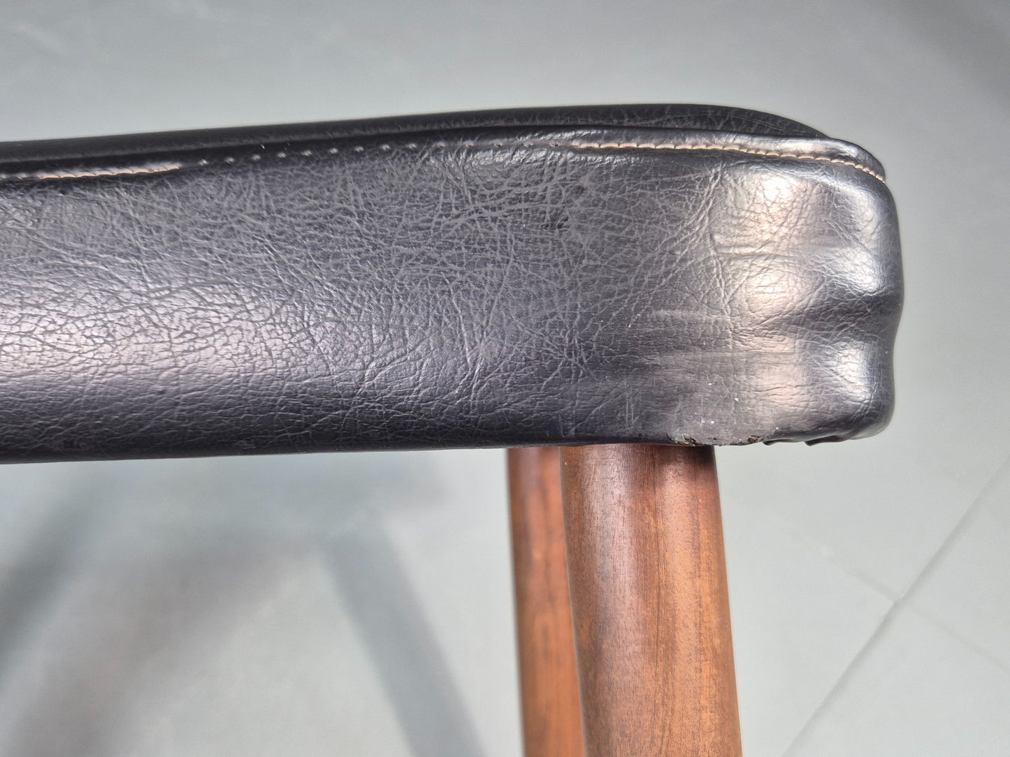 Vintage Danish Mid Century Footstool Black Vinyl Teak Legs 1960s Retro EB12153