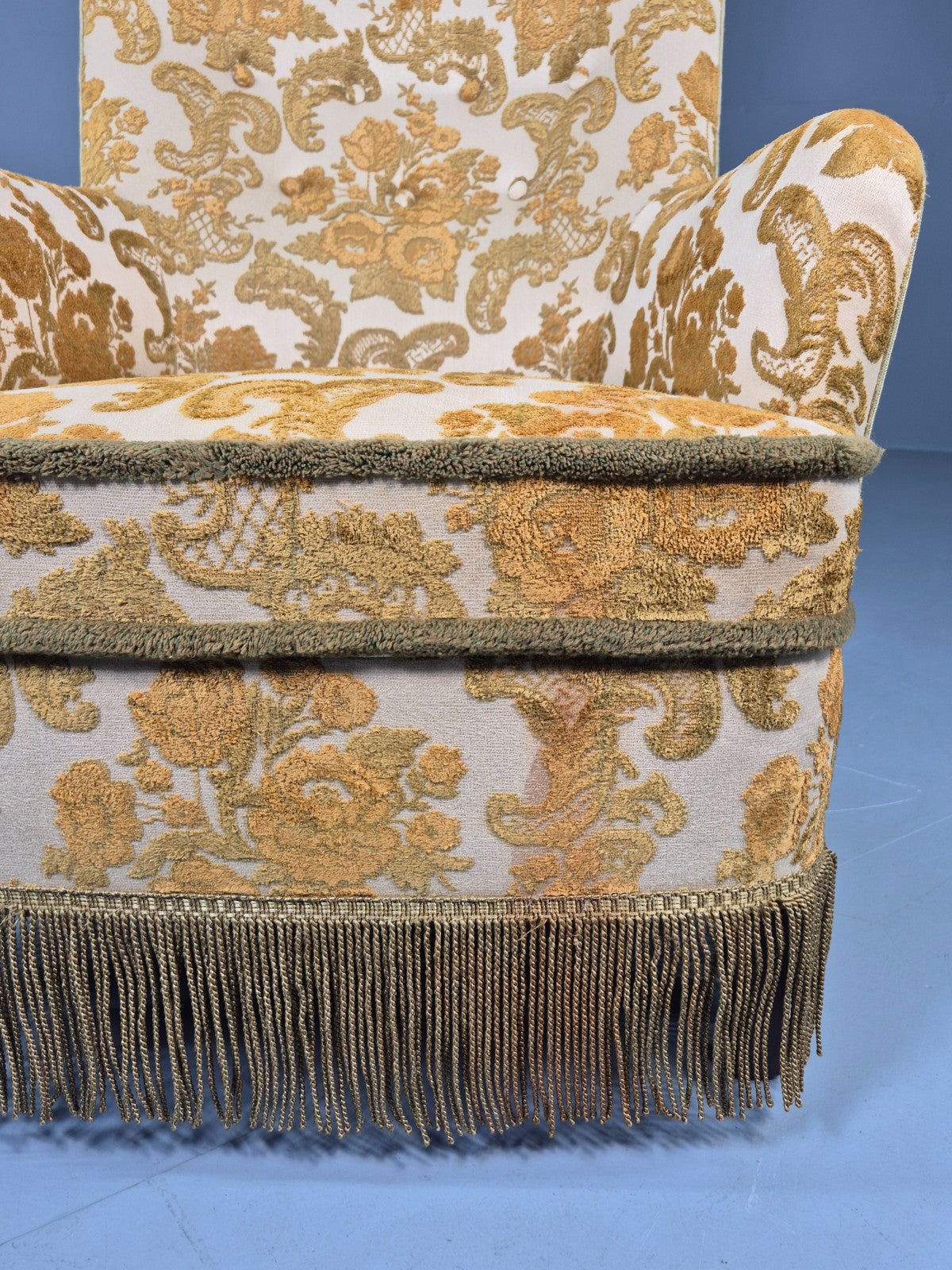 Vintage Danish 1970s Bedroom Tub Chair Gold Floral Flock Tassels EB12685