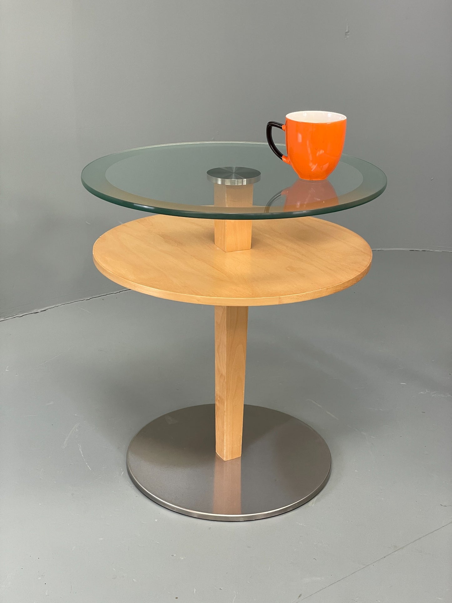 Danish Circular Side Tables Glass & Beech Pedestal Contemporary EB12400