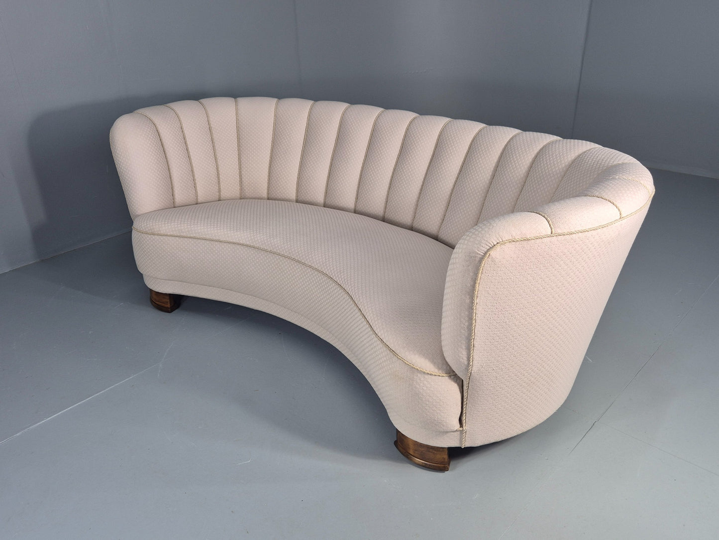 Vintage Danish Banana Sofa Art Deco 3 Seater Cream Cotton Upholstery EB12396